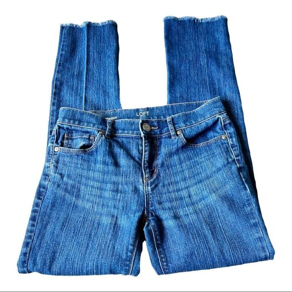 Loft Medium Wash Mid-Rise Raw Hem Original Straight Jeans Size 2 Petite - Picture 1 of 7